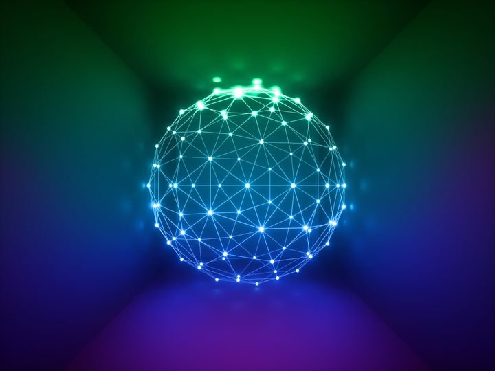 3d render, glowing sphere, network connections, neon lights, abstract background, vibrant colors, laser show