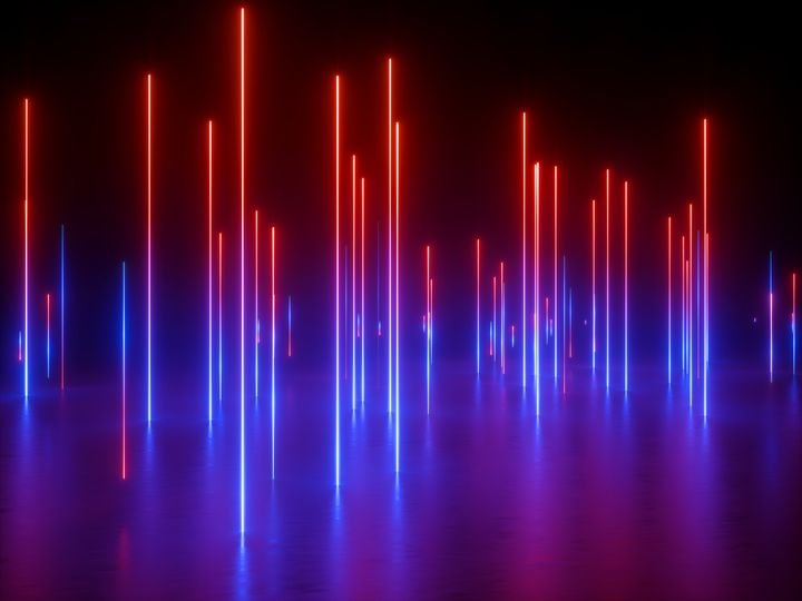 3d rendering, ultraviolet spectrum, neon lights, laser show, night club, vertical glowing lines, equalizer, abstract fluorescent background, optical illusion, virtual reality