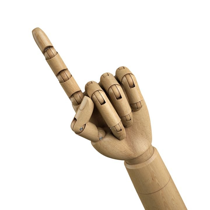 3d render, digital illustration, wooden dummy hand, pointing finger, isolated on white background