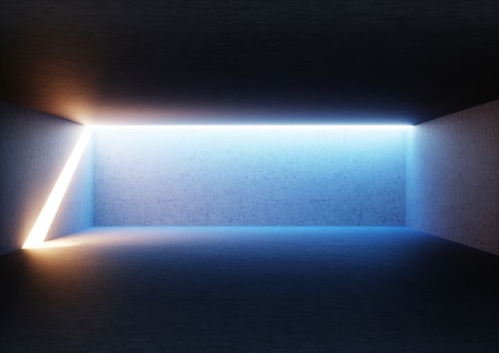 3d render, abstract empty room, illuminated empty interior, wide corridor, concrete walls, glowing light, daylight tunnel, no exit, sunlight rays, minimalistic space