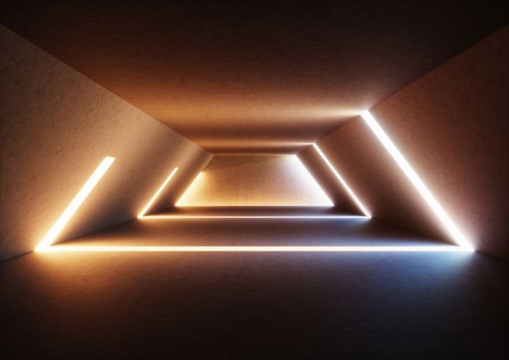 3d render, abstract background, wide illuminated empty corridor, interior concrete walls, glowing lines, daylight, tunnel with no exit, sunset light rays, minimalistic space