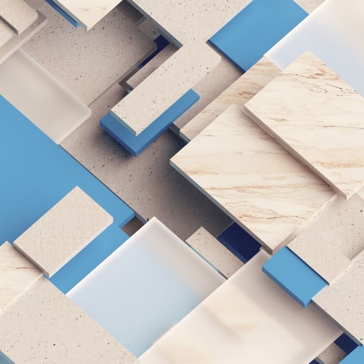 3d render, digital illustration, abstract geometric background, marble and glass blocks, interior decorative panels, bricks, tiles, fragments, pattern