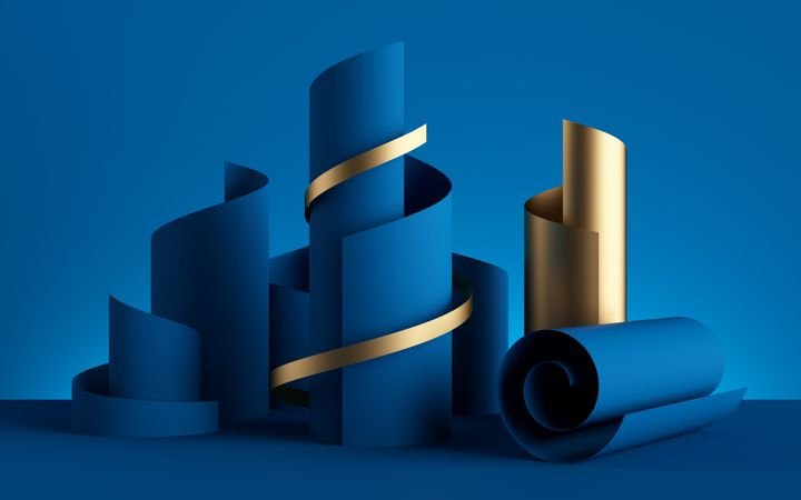 3d render, paper ribbon rolls, abstract shapes, blue fashion background, gold foil, swirl, scroll, curl, spiral, cylinder