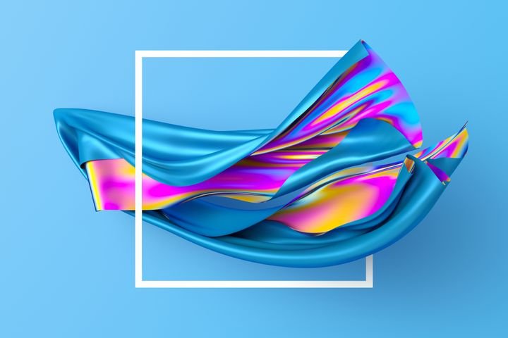 3d render, abstract fashion background, unveiling multicolor textile, iridescent holographic foil, creative wallpaper, folded cloth falling, isolated on blue