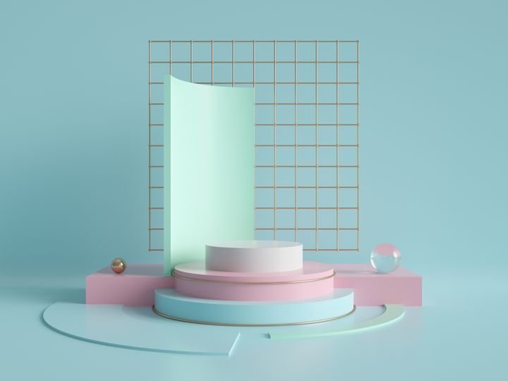 3d render, primitive shapes, abstract geometric background, cylinder podium, modern minimalistic mock up, blank template, gold metal grid, empty showcase, shop display, mint blue pink pastel colors