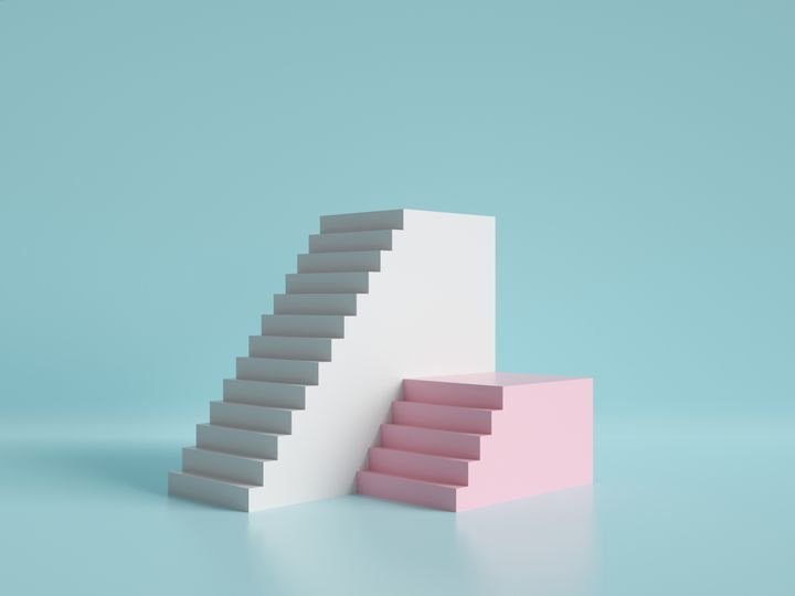 3d render, abstract minimal background, pink and white stairs, podium, pastel colors