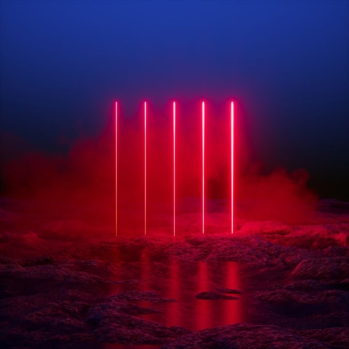 3d render, glowing vertical lines, red neon lights, abstract psychedelic background, infrared spectrum, vibrant colors, laser show