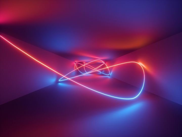 3d render, laser show, night club interior lights, red blue neon, abstract fluorescent background, glowing curvy lines, geometric shapes