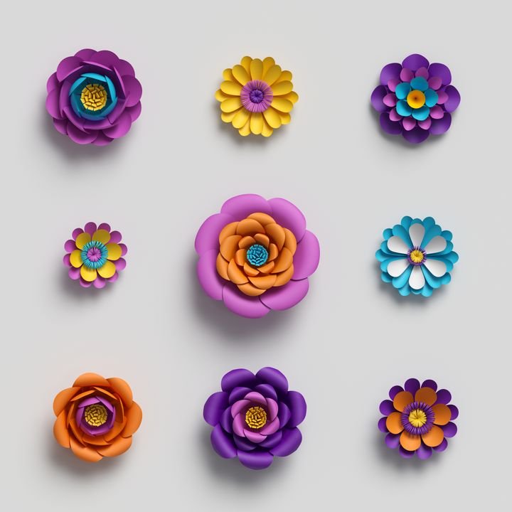 3d rendering, paper art, decorative flowers, floral background, botanical pattern, vivid candy colors, vibrant palette, isolated design elements