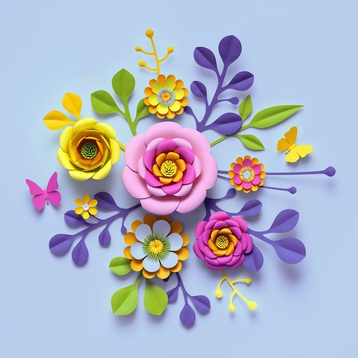 3d render, craft paper flowers, festive floral bouquet, botanical arrangement, bright candy colors, nature clip art isolated on sky blue background, decorative embellishment