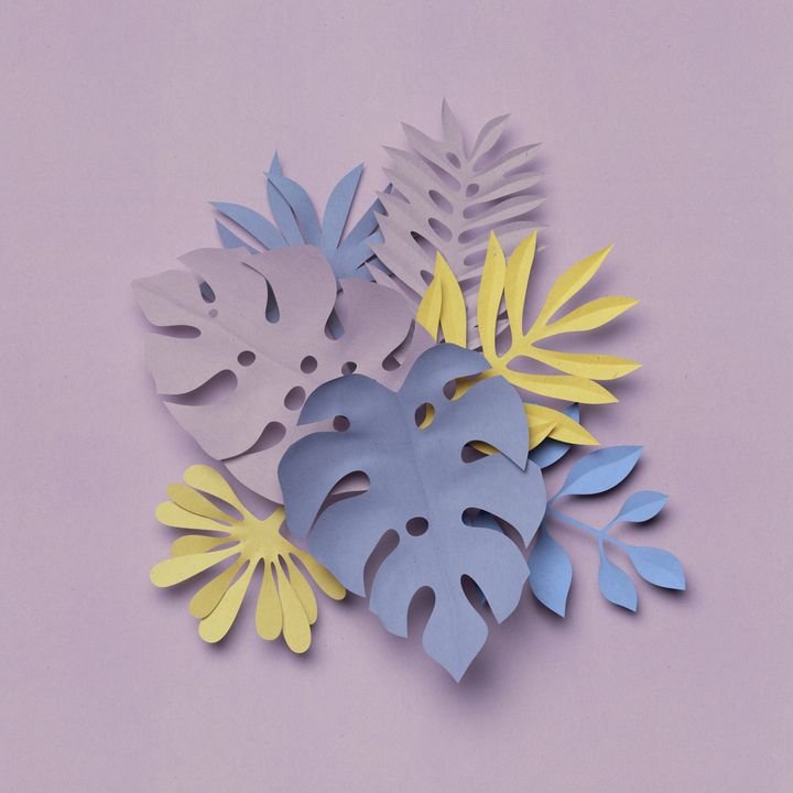 3d render, paper jungle leaves, decorative nature background, texture, lilac and yellow pastel colors