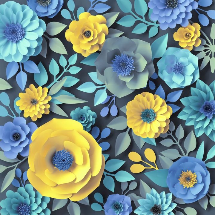 3d render, blue yellow paper flowers, botanical background, floral wallpaper, spring summer pattern, rose, daisy, dahlia, leaves, isolated on gray