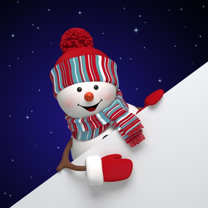 3d render, digital illustration, happy snowman, starry night, presentation, page corner, midnight, Merry Christmas greeting card, New Year symbol, winter holiday background