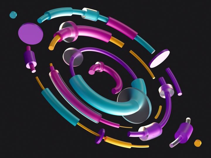 3d render, digital illustration, abstract colorful elements, circular orbits, black background, isolated colorful geometric shapes