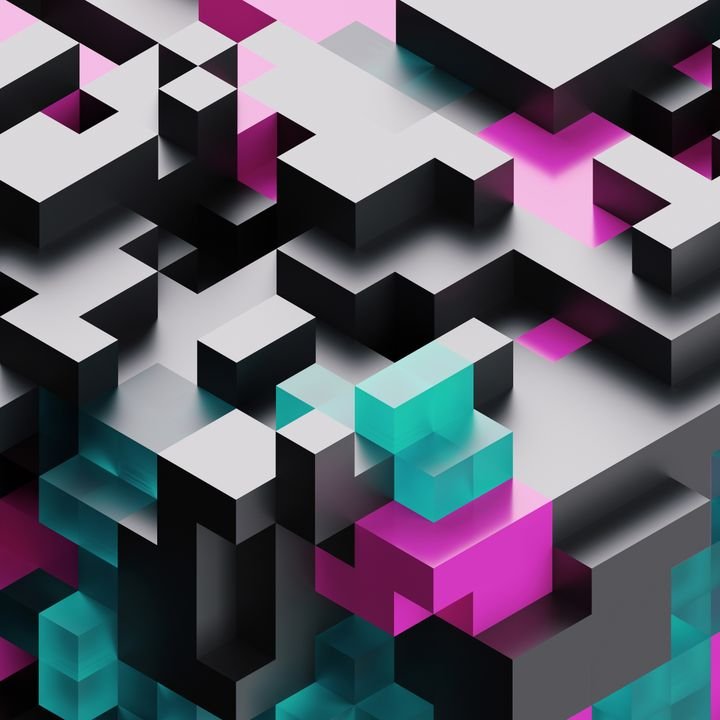 3d render, digital illustration,  black glass abstract background, voxel pattern