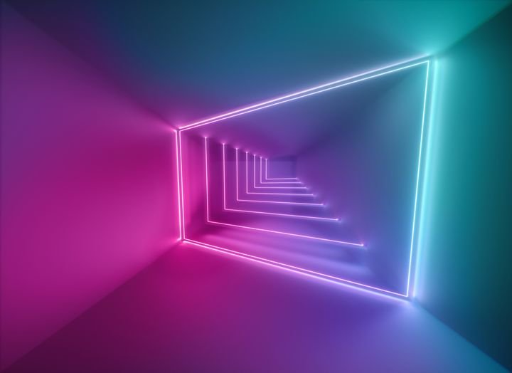 3d render, ultraviolet spectrum, neon lights, laser show, glowing lines, virtual reality, abstract fluorescent background, optical illusion, cubic room, corridor, night club interior