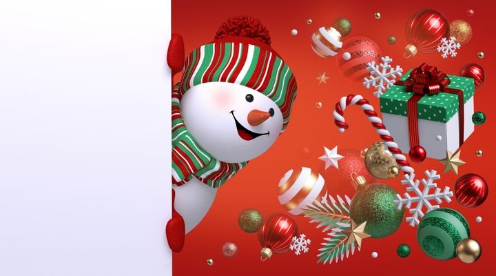3d snowman looking out the corner. Christmas background. Gift box, glass balls, ornaments. Blank banner, greeting card template, commercial poster mockup. Holiday concept