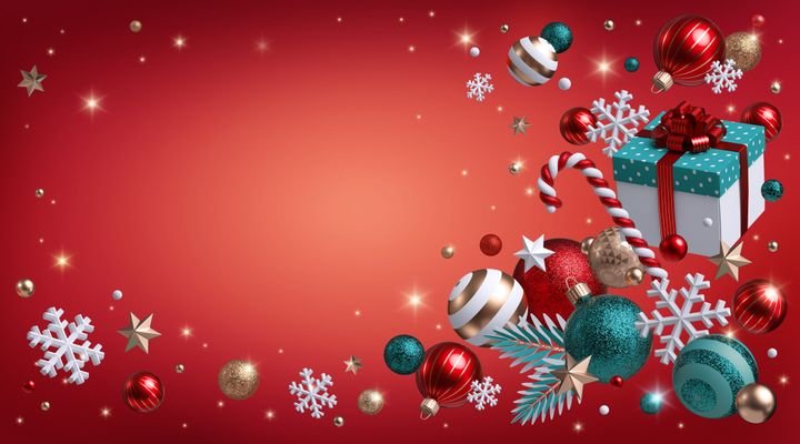 3d render, red background with Christmas ornaments, glass balls, snowflakes, candy cane, gift box, sparkling stars, glowing lights. Festive holiday greeting card design. Poster concept with copy space