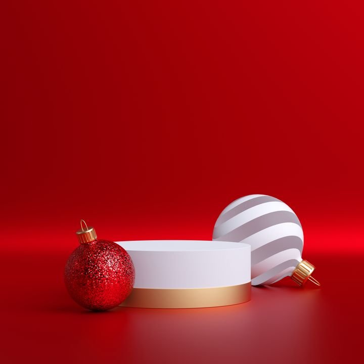 3d abstract Christmas background with glass balls ornaments and empty pedestal isolated on red. Round platform, blank podium, copy space. Product showcase stand mockup. Modern simple minimal style.