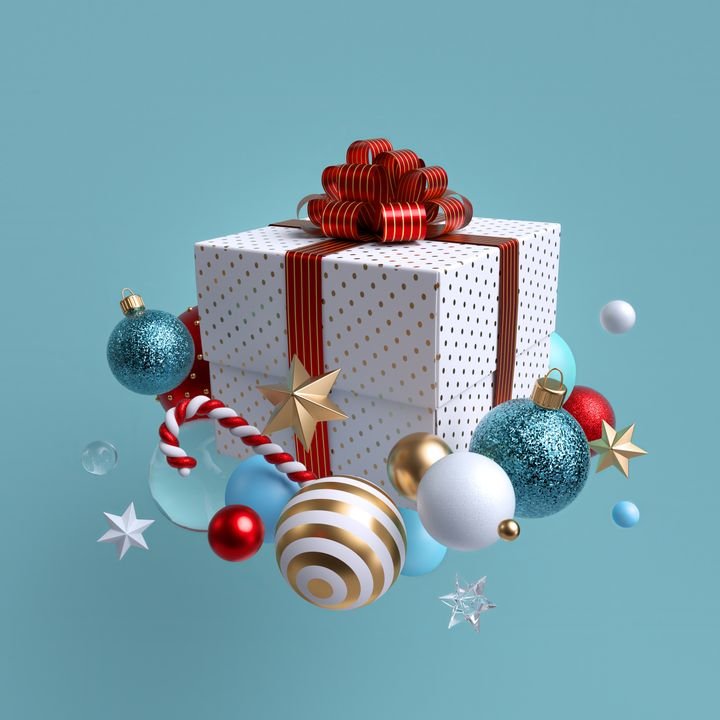 3d Christmas gift, white square box wrapped with red bow, glass balls, candy cane, golden and crystal stars. Winter holiday clip art isolated on blue background