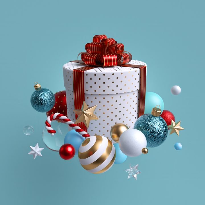 3d Christmas gift, white cylinder box wrapped with red bow, glass balls, candy cane, crystal and golden stars. Winter holiday clip art isolated on blue background
