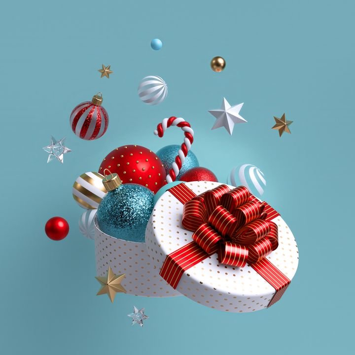 3d Christmas ornaments and glass balls falling out of open round box, white wrapped gift with red bow. Winter holiday package. Levitating objects. Festive clip art isolated on blue background