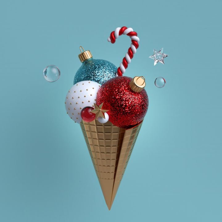 3d Christmas ornaments isolated on blue background. Ice cream metaphor. Glass balls, golden cone, crystal stars and candy cane.