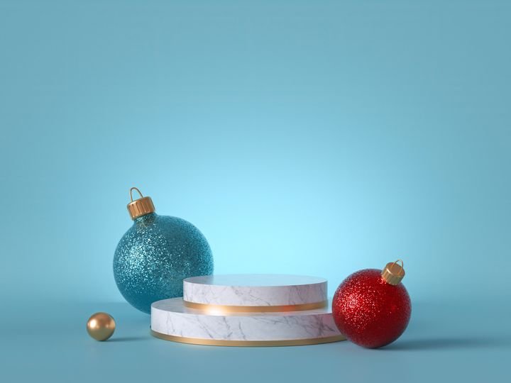 3d abstract Christmas background with glass balls. Round white marble podium, blank pedestal steps, empty space. Product showcase stand mockup.