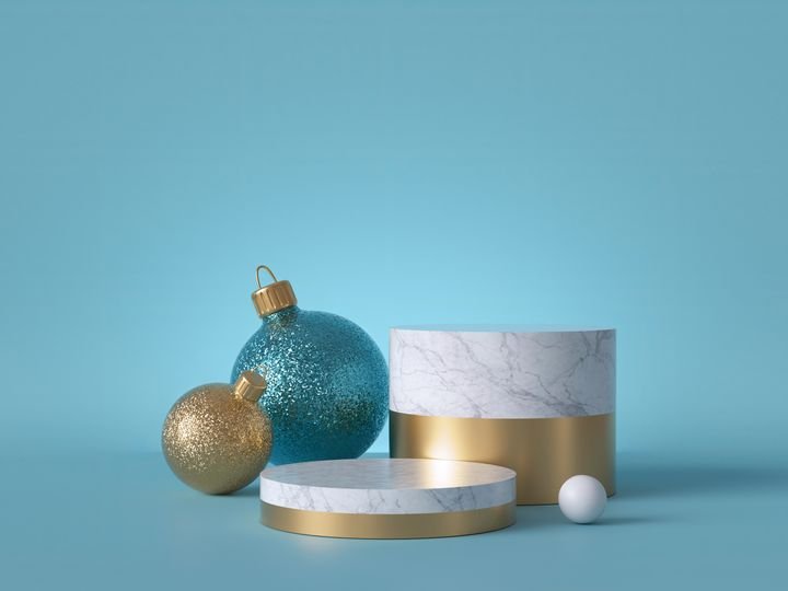 3d abstract background with Christmas ornaments. Glass balls with glitter. Round white marble podium, blank pedestal steps, empty space. Cylinder platform. Product showcase mockup.