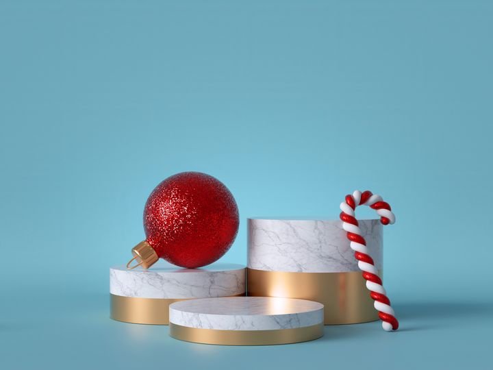 3d abstract background with Christmas ornaments. Glass red ball with candy cane. Round white marble podium, blank pedestal steps, empty space. Cylinder platform. Product showcase mockup.