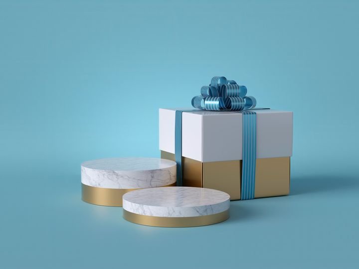 3d abstract background with wrapped Christmas gift. White square box with blue bow. Round marble podium, blank pedestal steps, empty space. Cylinder platform. Product display mockup.