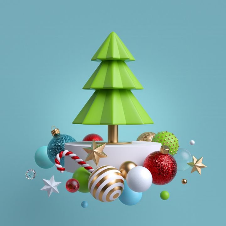 3d Christmas fir tree decorated with ornaments, isolated on blue background. Winter holiday decor: festive glass balls, golden stars, candy cane, snowballs. Composition of levitating objects