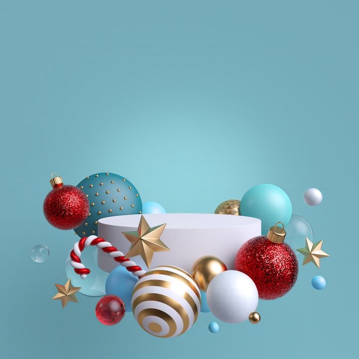 3d abstract blank blue background with Christmas ornaments. Glass balls, candy cane, gold and crystal stars. Round white podium, blank pedestal, empty space. Cylinder platform. Product showcase mockup