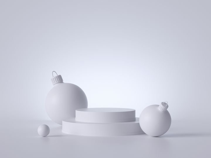 3d abstract white Christmas background with glass balls and empty podium. Round platform, blank pedestal steps, copy space. Product showcase stand mockup. Simple minimal clean style.