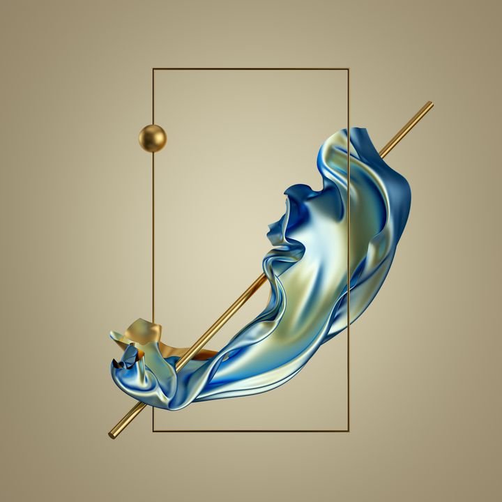 3d render. Modern minimal abstract background. Gold blue folded drapery falling, flying silky cloth, waving textile curtain, metallic fabric, holographic foil. Isolated objects, blank golden frame