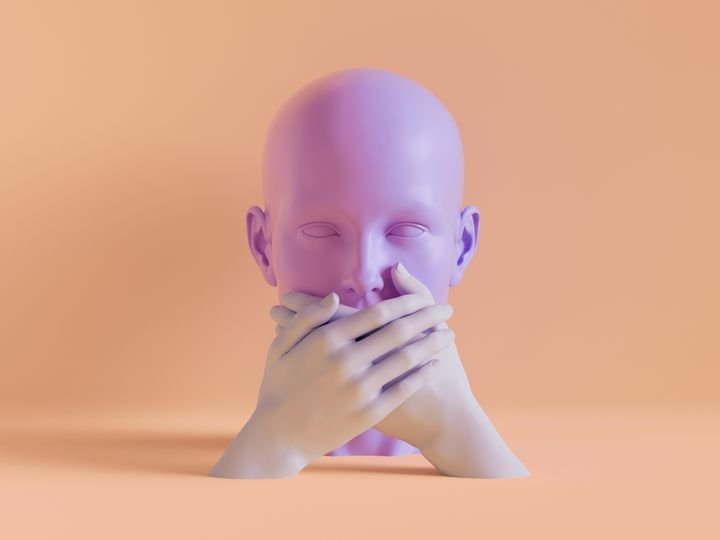 3d render, speechless female mannequin head, mouth closed by hands, silence concept, isolated object, minimal fashion background, shop display, pink peachy violet pastel colors