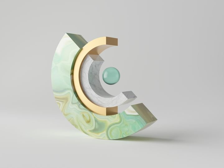 3d abstract minimal modern background, balance concept, cut cylinder blocks isolated on white, marble, green agate or onyx, blue translucent glass ball, simple clean design, classy decor