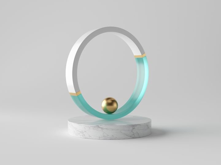 3d abstract decor, small gold ball inside decorative ring on marble podium, isolated on white background, blue glass, clean minimalist design, sophisticated modern object