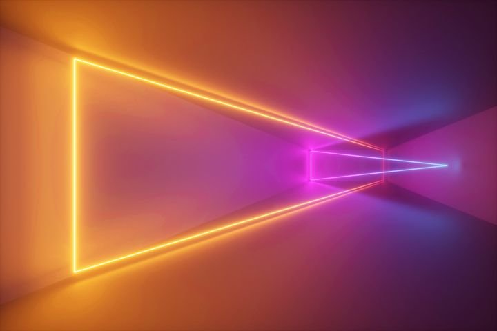 3d rendering, yellow pink neon light, abstract ultraviolet background, dynamic glowing lines, psychedelic stage, vibrant colors, empty room, tunnel, corridor, night club interior
