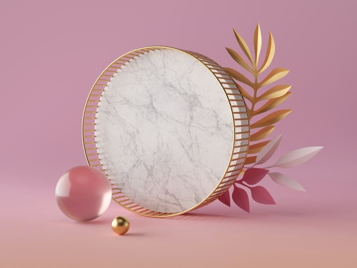 3d render, white marble circle shape, blank round banner mockup, simple geometrical objects isolated on rose pink background, abstract luxury concept, glass gold ball, paper palm leaves