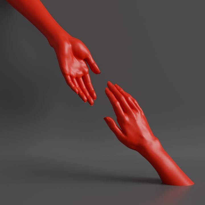 3d render, female hands isolated, minimal fashion background, helping hands, red mannequin body parts, partnership concept