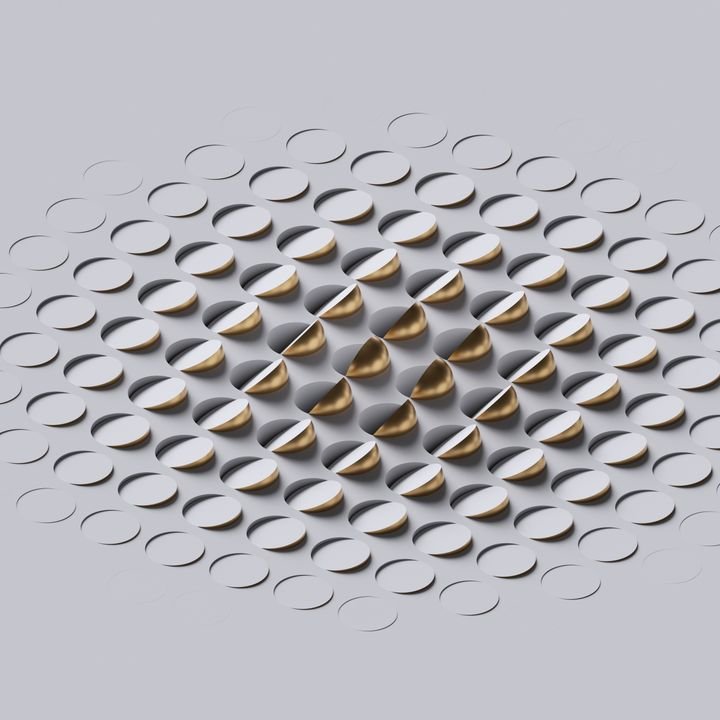 3d render, matrix of golden hemispheres and balls isolated on white background, abstract geometric texture, cells and holes, modern minimalism concept, simple clean design