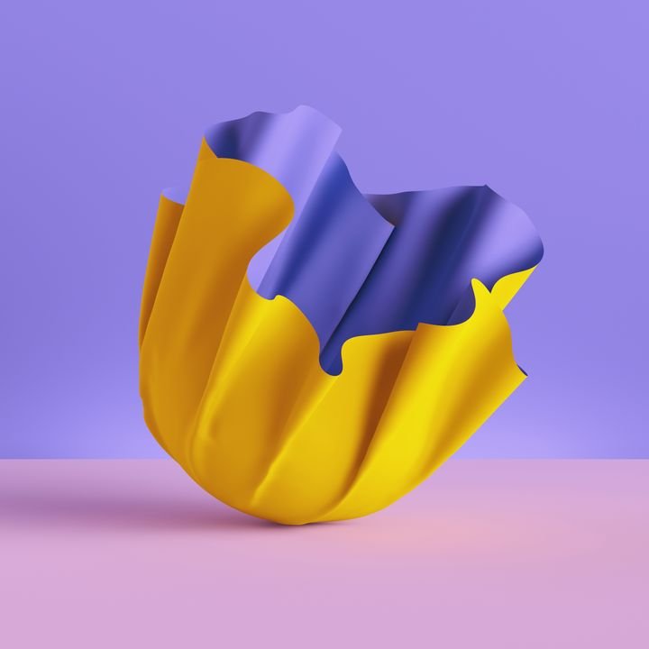 3d render, folded cloth, yellow drapery isolated on violet background, textile, fabric, curtain, abstract fashion wallpaper