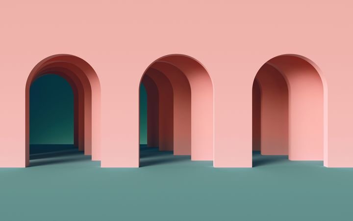 3d render, abstract minimalist geometric background, architectural concept, arch inside pink wall, paper layers