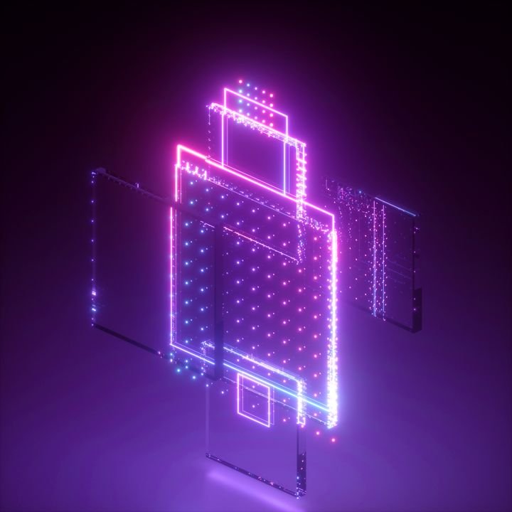 3d render, neon abstract background, geometric shapes in ultraviolet, pink blue glowing light, cybernetic system, futuristic computing technology