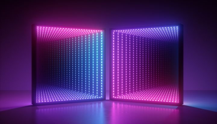 3d render, abstract ultraviolet background, pink blue neon light, square portal, virtual reality, energy source, blank space, laser show, light box