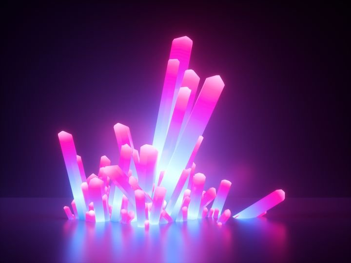 3d render, abstract fluorescent polygonal shapes, glowing neon crystals isolated on purple background, ultraviolet light