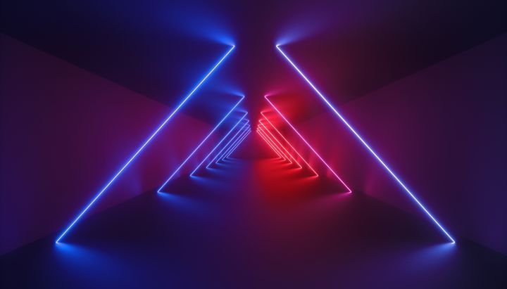 3d render, abstract blue red neon background, glowing lines inside empty tunnel, ultraviolet light, virtual reality cyber space road, long corridor, fashion podium floor reflection, performance stage