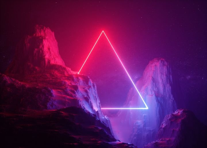 3d render, abstract background, cosmic landscape, triangular portal, pink blue neon light, virtual reality, energy source, glowing quad, dark space, ultraviolet spectrum, laser triangle, rocks, ground