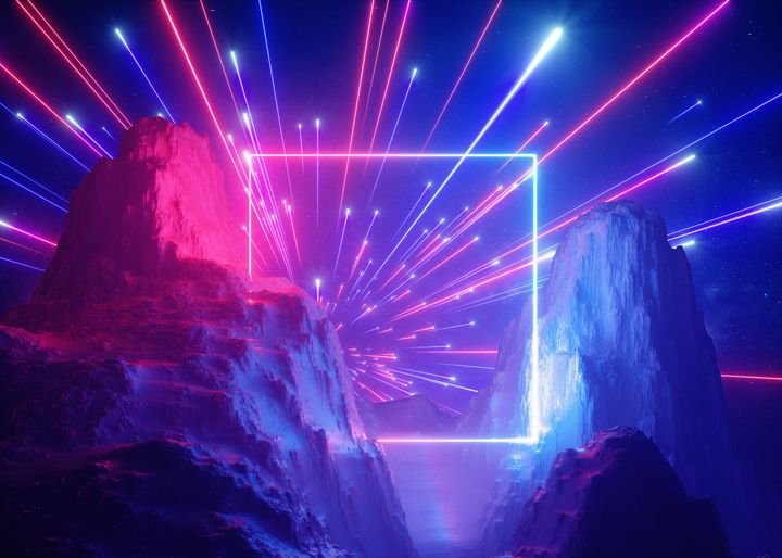 3d render, abstract neon background, pink blue fireworks above the rocks and mountains. Cosmic landscape, glowing square shape in ultraviolet light, esoteric energy source